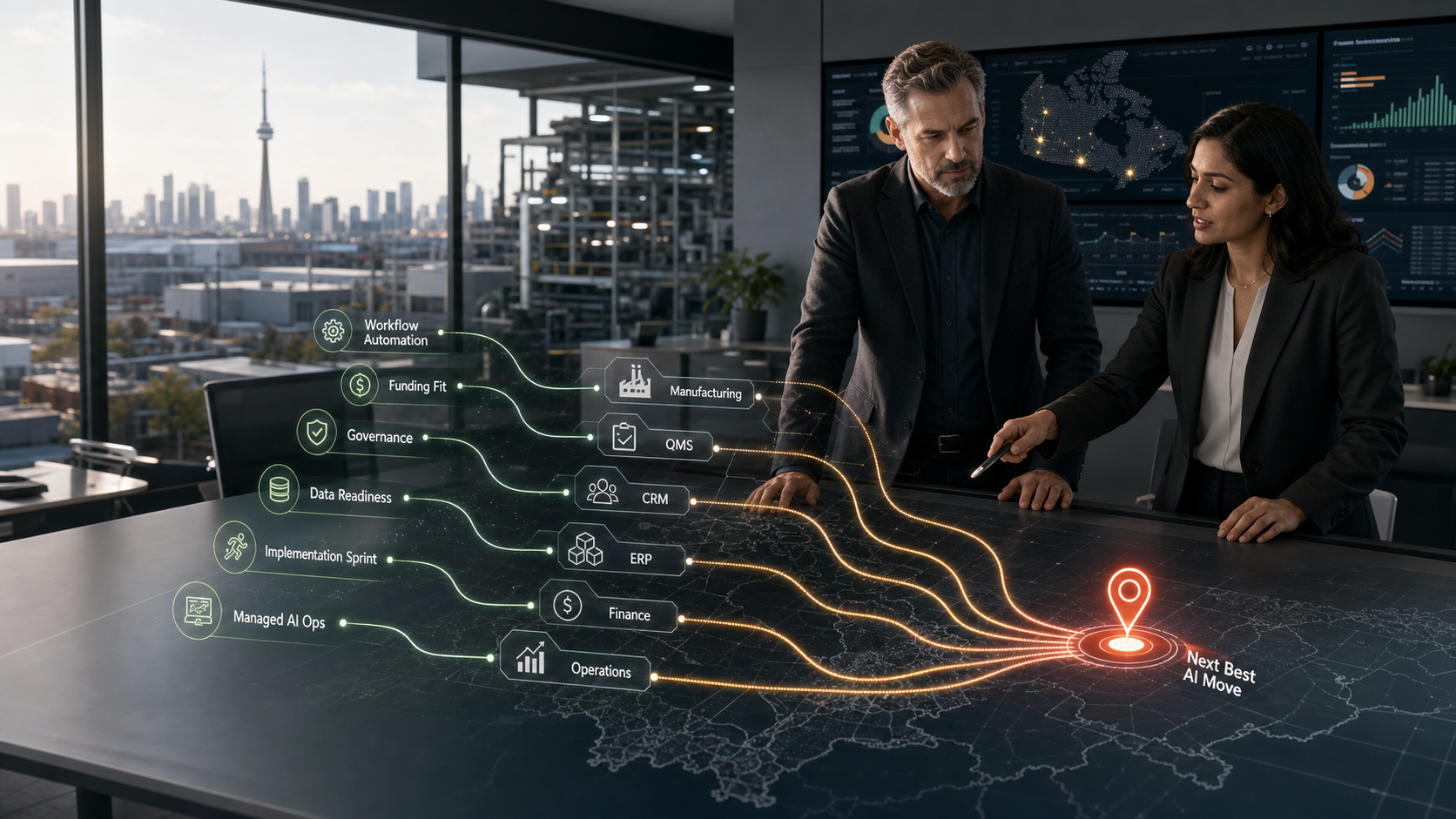 AI Pathfinder route map for Canadian business workflows, funding fit, governance, and implementation planning