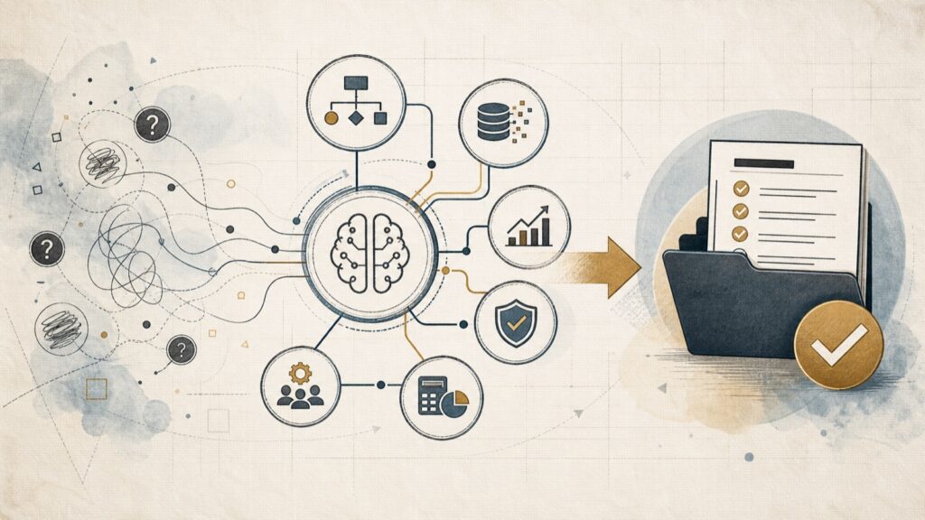 Abstract AI project readiness diagram moving from unclear ideas to an organized financing-ready implementation plan.